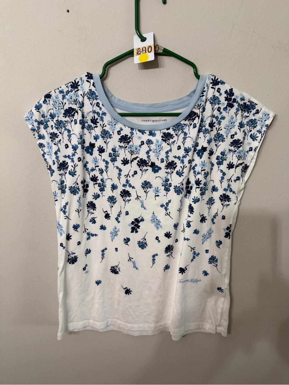 Tommy Hilfiger White Tee with Blue Floral Print - Short Sleeve Size Small